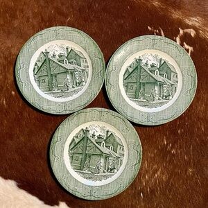 3 Royal China The Old Curiosity Shop 10" dinner plates Made in USA green